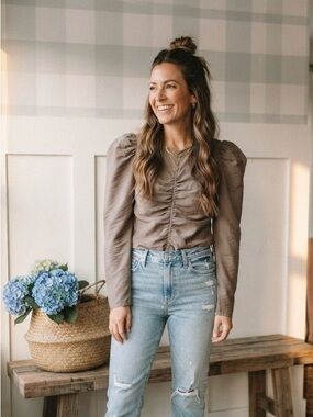 Wilfred Taupe Ruched Puff-Sleeve Top 0